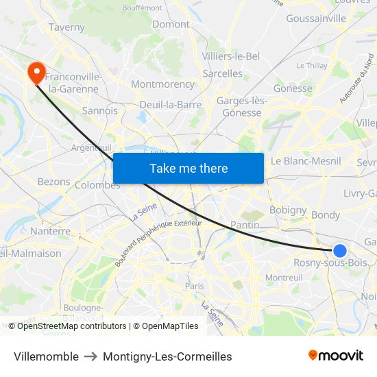 Villemomble to Montigny-Les-Cormeilles map