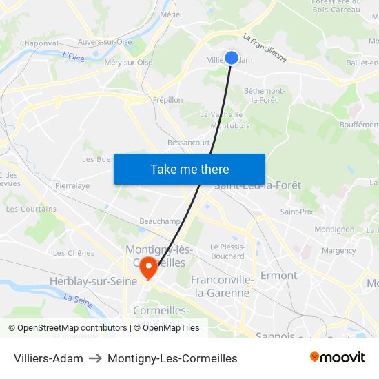 Villiers-Adam to Montigny-Les-Cormeilles map