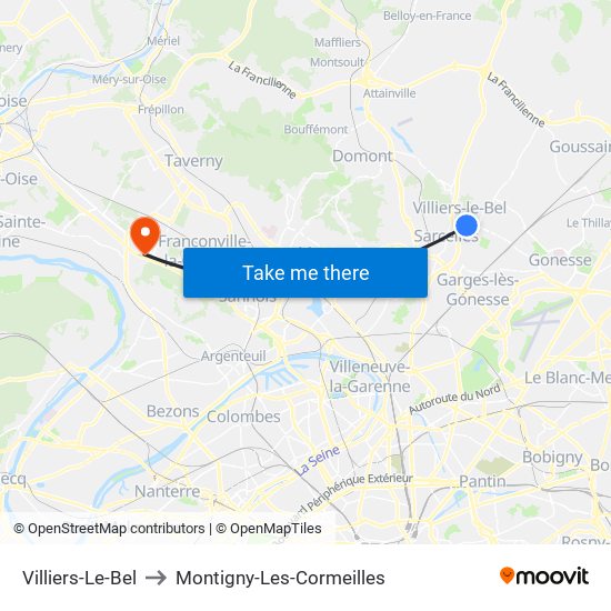 Villiers-Le-Bel to Montigny-Les-Cormeilles map