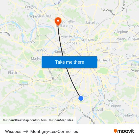 Wissous to Montigny-Les-Cormeilles map