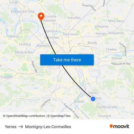 Yerres to Montigny-Les-Cormeilles map
