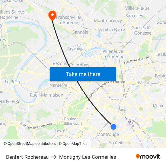 Denfert-Rochereau to Montigny-Les-Cormeilles map
