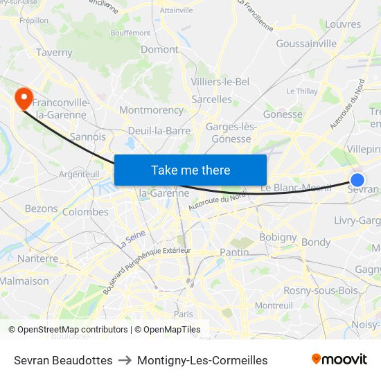 Sevran Beaudottes to Montigny-Les-Cormeilles map