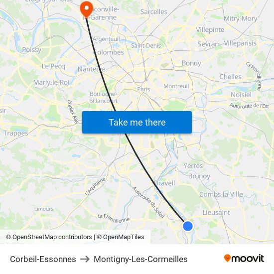 Corbeil-Essonnes to Montigny-Les-Cormeilles map