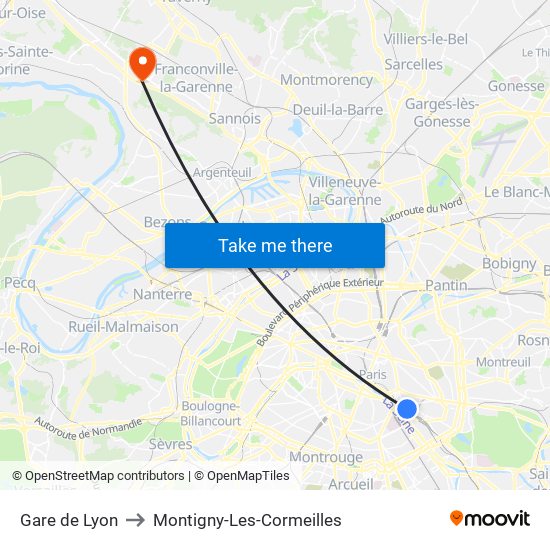 Gare de Lyon to Montigny-Les-Cormeilles map