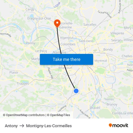Antony to Montigny-Les-Cormeilles map