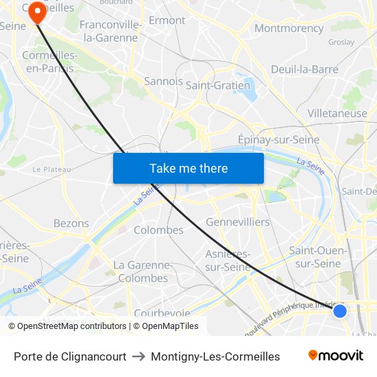 Porte de Clignancourt to Montigny-Les-Cormeilles map