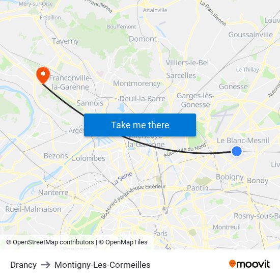 Drancy to Montigny-Les-Cormeilles map