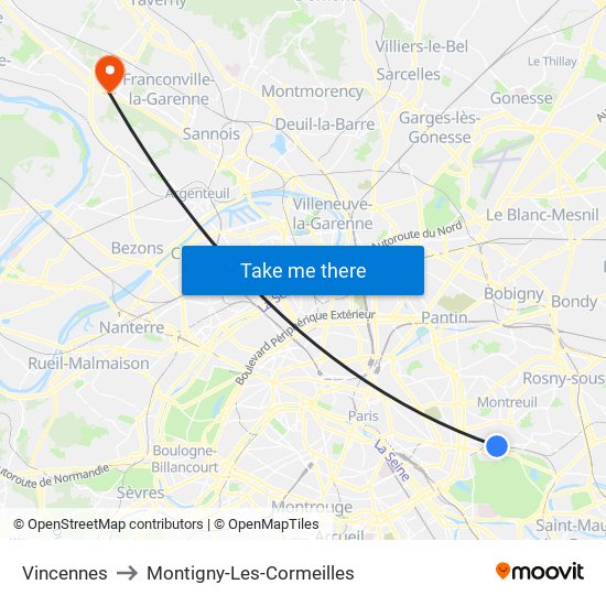 Vincennes to Montigny-Les-Cormeilles map