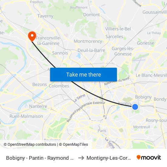 Bobigny - Pantin - Raymond Queneau to Montigny-Les-Cormeilles map