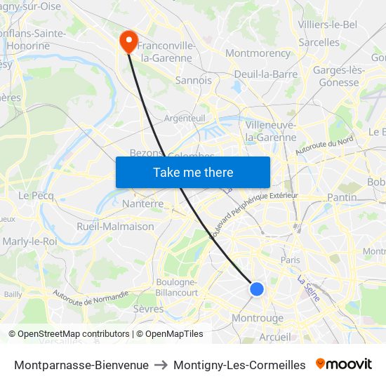 Montparnasse-Bienvenue to Montigny-Les-Cormeilles map