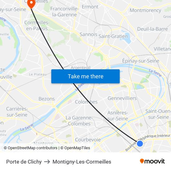 Porte de Clichy to Montigny-Les-Cormeilles map