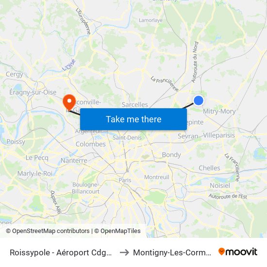 Roissypole - Aéroport Cdg1 (D3) to Montigny-Les-Cormeilles map