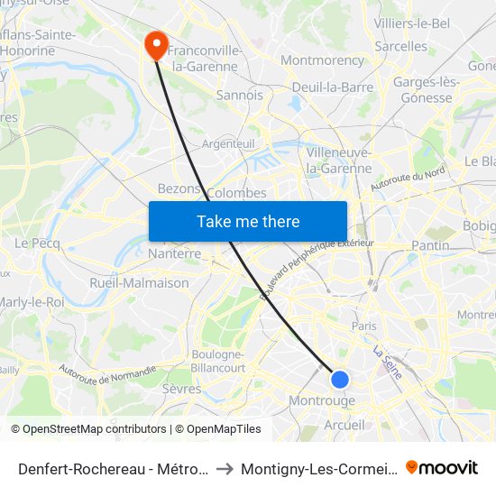 Denfert-Rochereau - Métro-Rer to Montigny-Les-Cormeilles map
