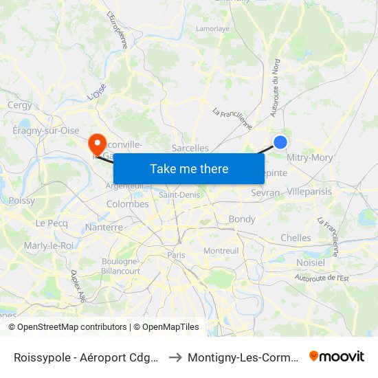 Roissypole - Aéroport Cdg1 (E2) to Montigny-Les-Cormeilles map