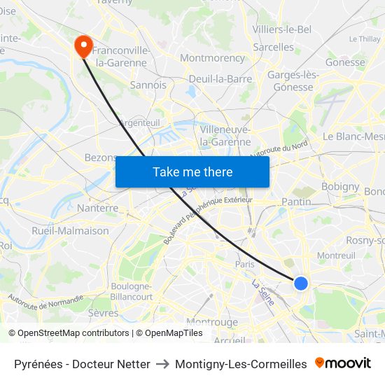 Pyrénées - Docteur Netter to Montigny-Les-Cormeilles map