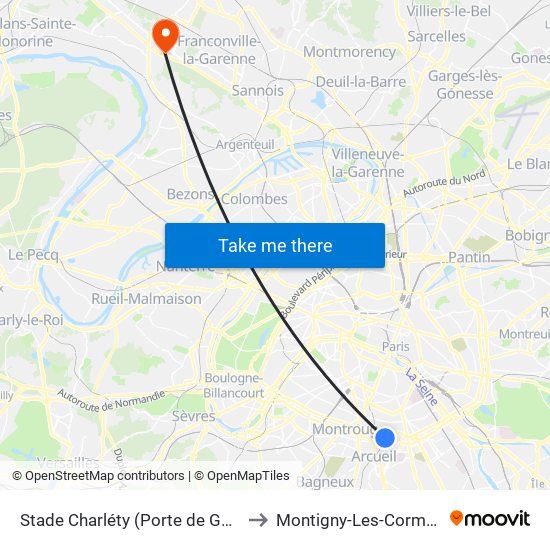 Stade Charléty (Porte de Gentilly) to Montigny-Les-Cormeilles map