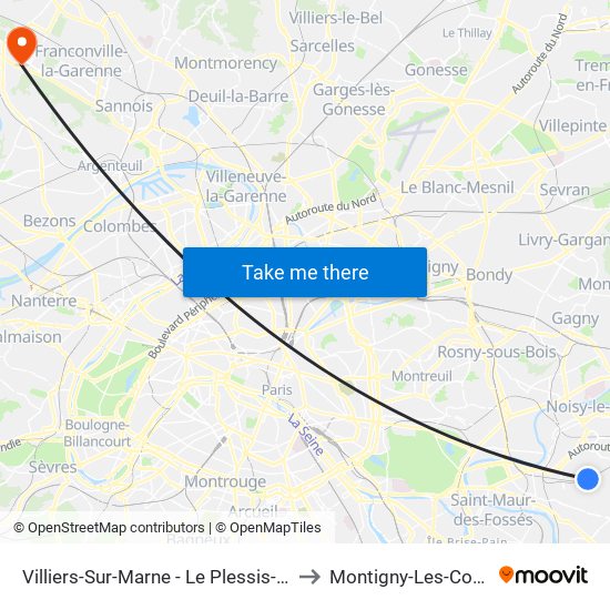 Villiers-Sur-Marne - Le Plessis-Trévise RER to Montigny-Les-Cormeilles map