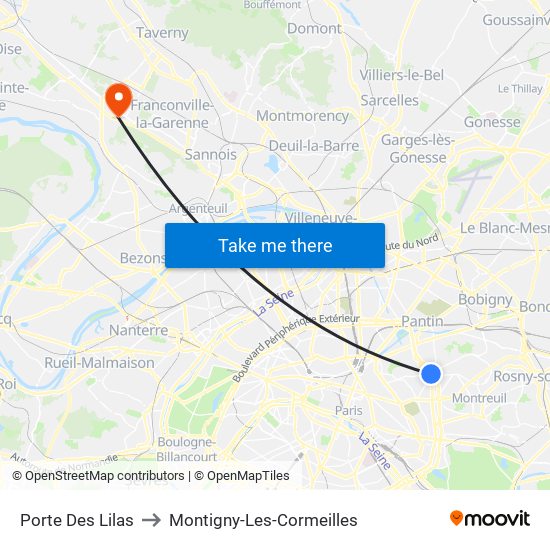 Porte Des Lilas to Montigny-Les-Cormeilles map