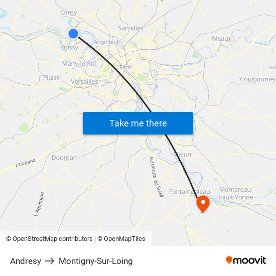 Andresy to Montigny-Sur-Loing map