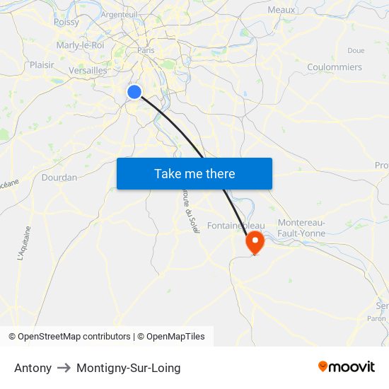 Antony to Montigny-Sur-Loing map