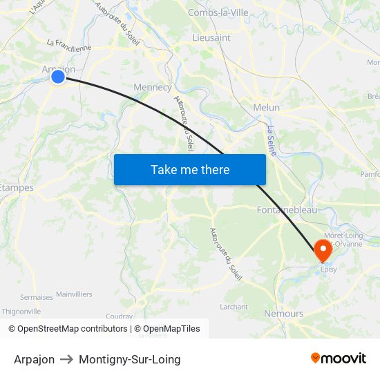 Arpajon to Montigny-Sur-Loing map