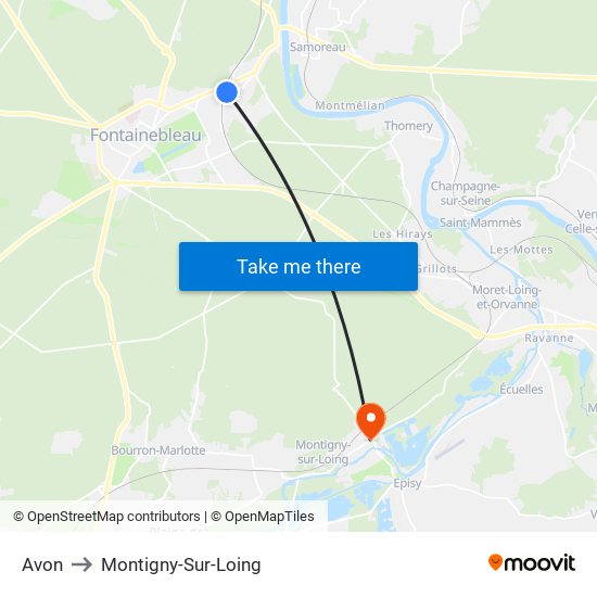 Avon to Montigny-Sur-Loing map