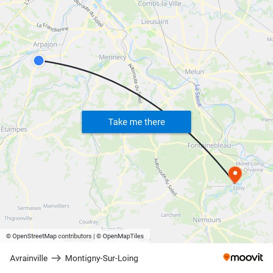 Avrainville to Montigny-Sur-Loing map