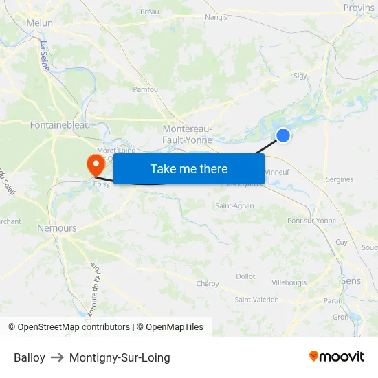 Balloy to Montigny-Sur-Loing map