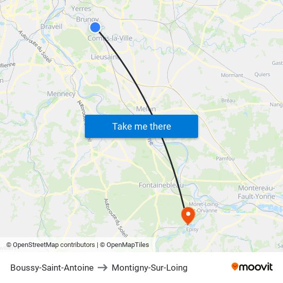 Boussy-Saint-Antoine to Montigny-Sur-Loing map