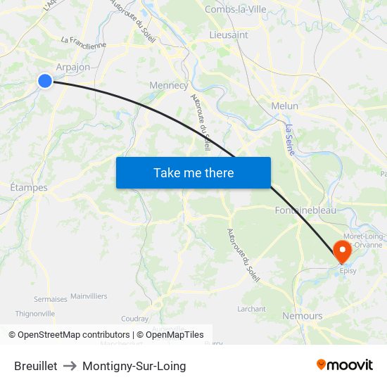 Breuillet to Montigny-Sur-Loing map