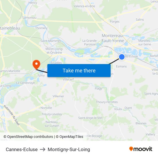 Cannes-Ecluse to Montigny-Sur-Loing map