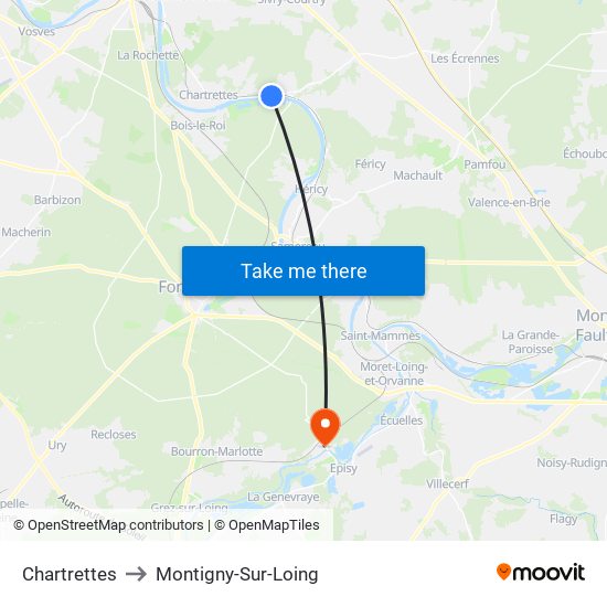 Chartrettes to Montigny-Sur-Loing map