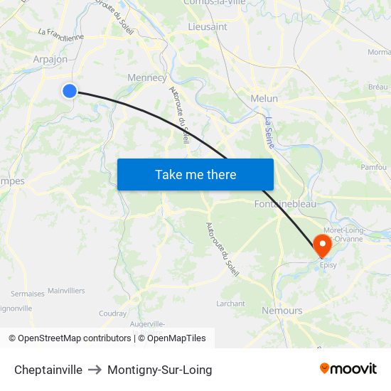 Cheptainville to Montigny-Sur-Loing map
