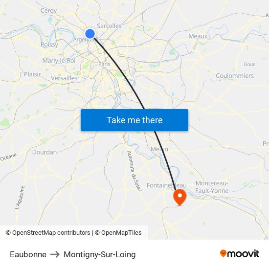 Eaubonne to Montigny-Sur-Loing map