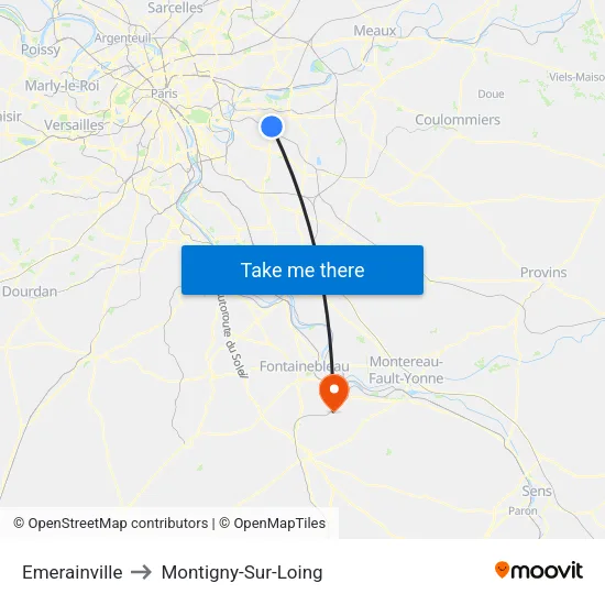 Emerainville to Montigny-Sur-Loing map