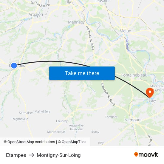 Etampes to Montigny-Sur-Loing map