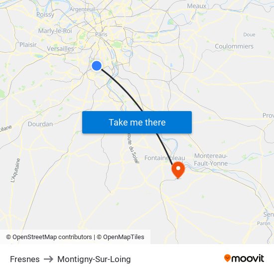 Fresnes to Montigny-Sur-Loing map