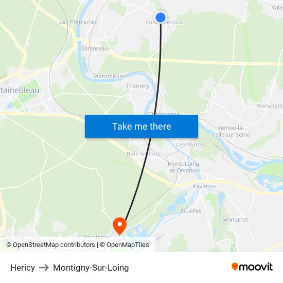 Hericy to Montigny-Sur-Loing map