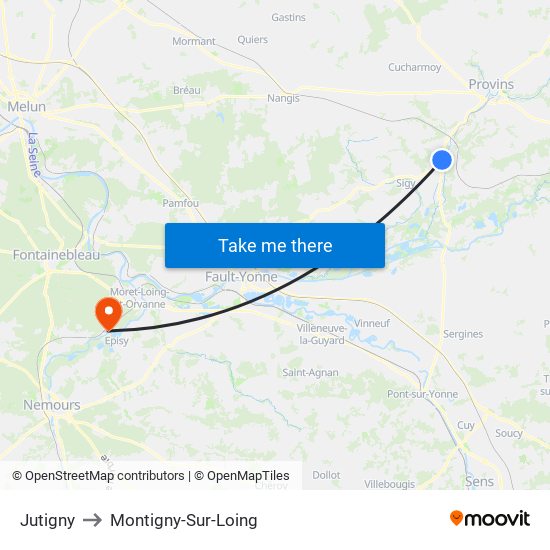 Jutigny to Montigny-Sur-Loing map