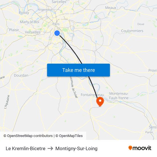 Le Kremlin-Bicetre to Montigny-Sur-Loing map