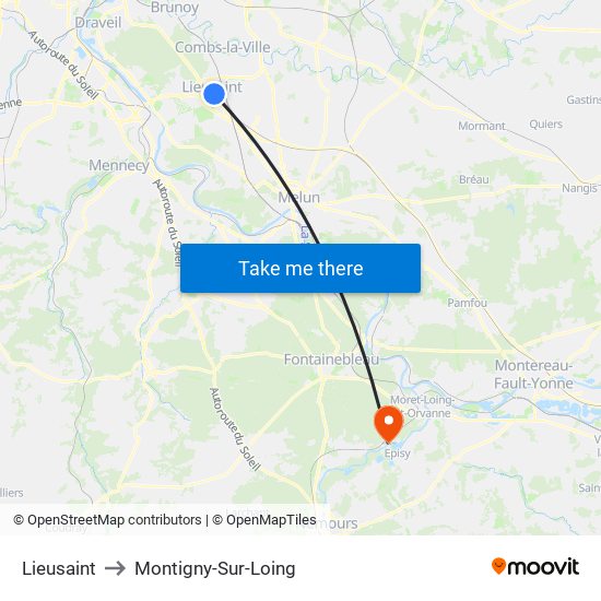 Lieusaint to Montigny-Sur-Loing map
