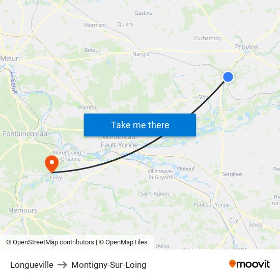 Longueville to Montigny-Sur-Loing map