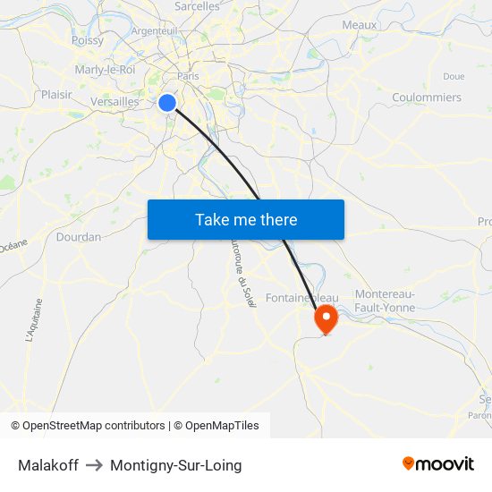 Malakoff to Montigny-Sur-Loing map