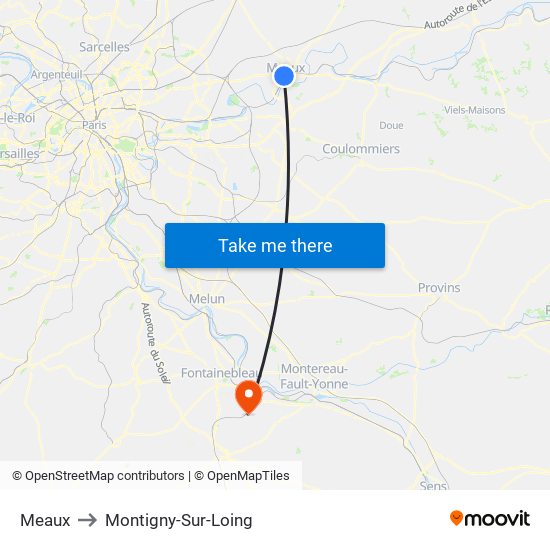 Meaux to Montigny-Sur-Loing map