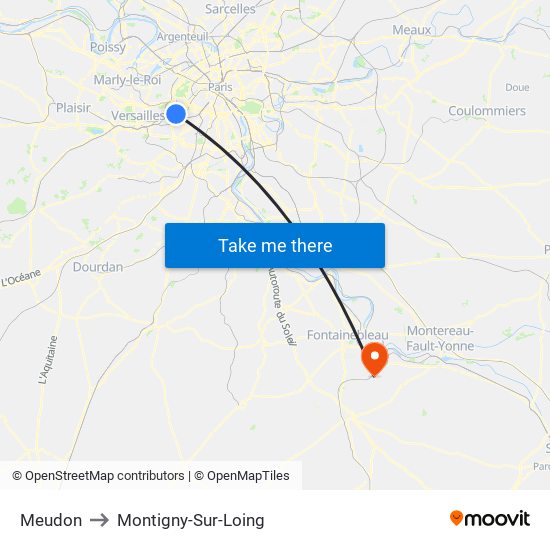 Meudon to Montigny-Sur-Loing map
