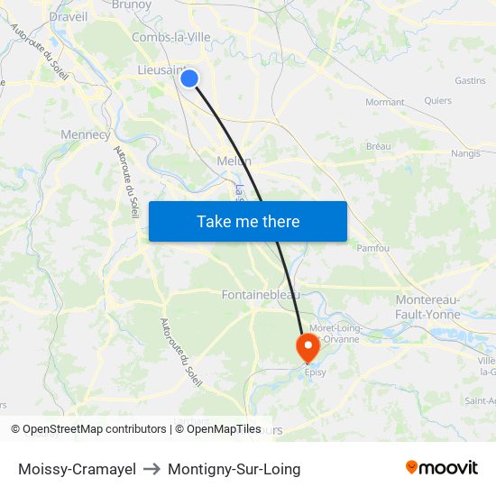 Moissy-Cramayel to Montigny-Sur-Loing map
