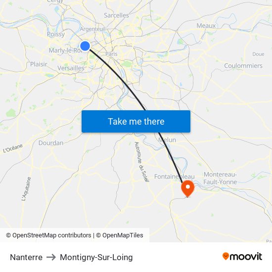 Nanterre to Montigny-Sur-Loing map