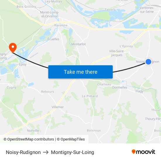 Noisy-Rudignon to Montigny-Sur-Loing map