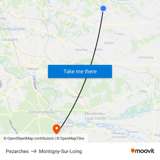 Pezarches to Montigny-Sur-Loing map